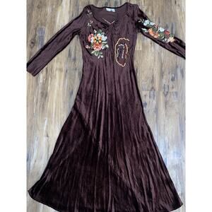 Brown Velvet Velour Long Peasant Goth Folklore Dress Size 4 By Together Floral